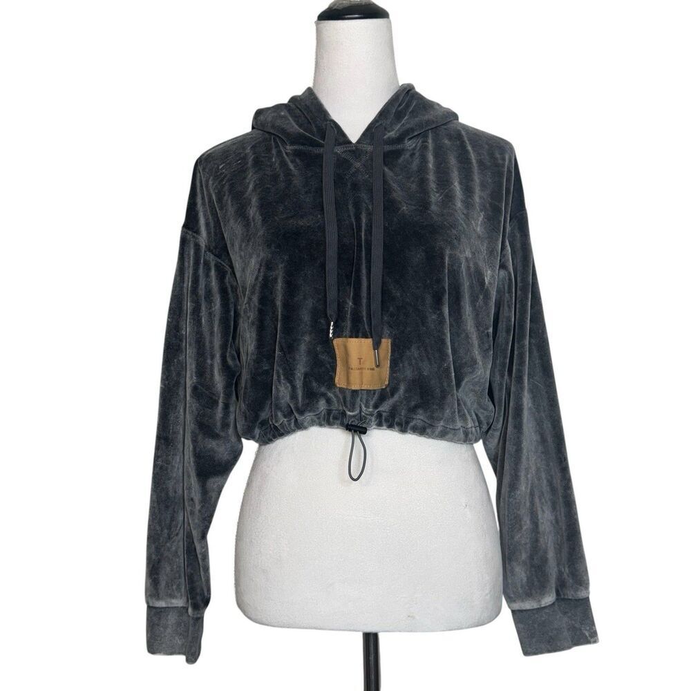 T By Alexander Wang Cropped Velour Hoodie Pullover XS Gray Oversized Cinch Waist